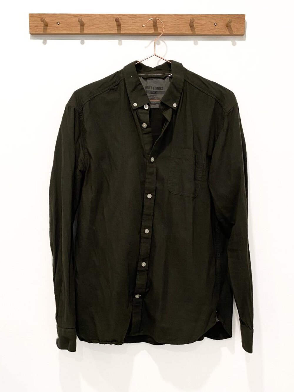 Dark Green Twill Weave Cotton Long Sleeve Button Down - Size Large